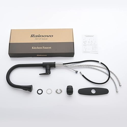 Miniatura 8 de Grifo de cocina con rociador extraíble, negro mate, grifo de fregadero de cocina de 3 agujeros, mango único, grifos de arco alto con placa de