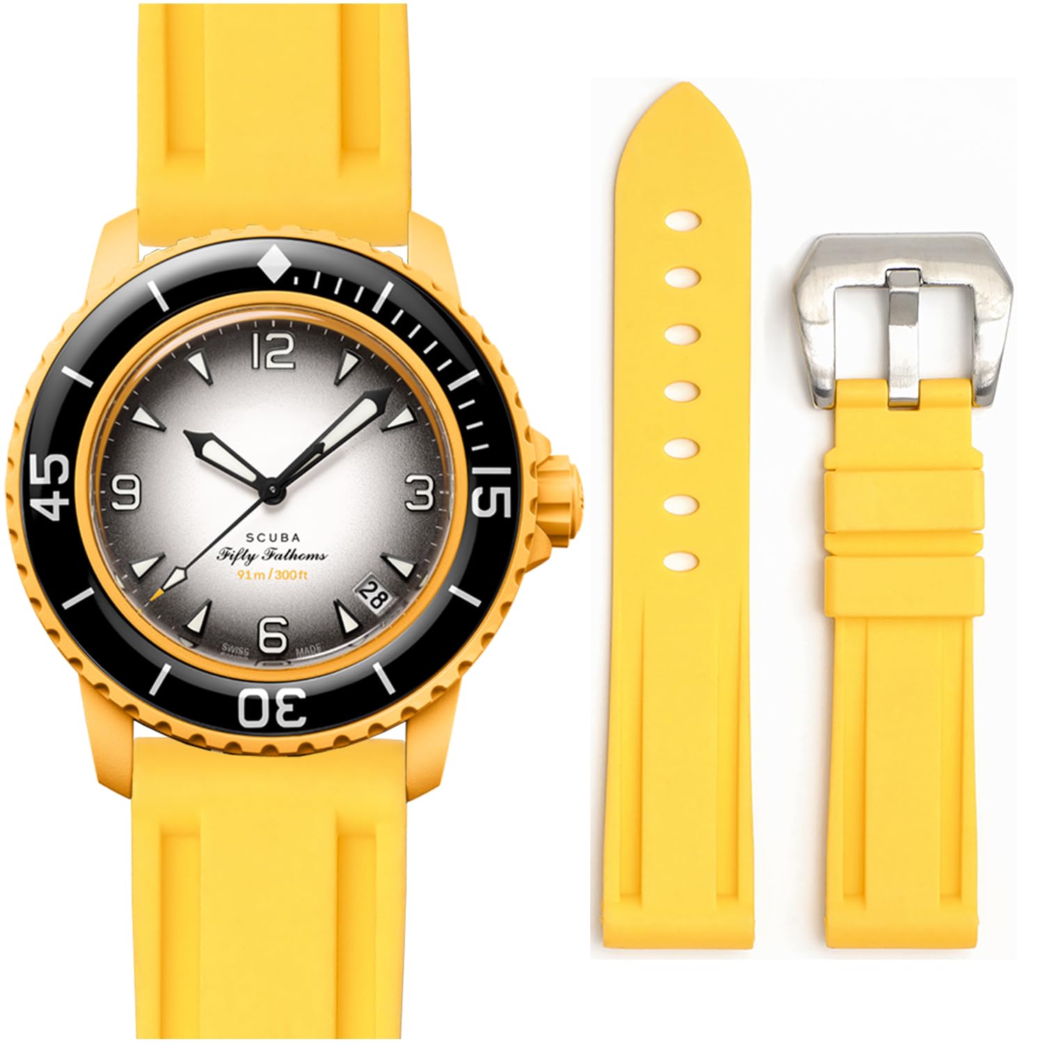 StanchevStrap for Blancpain x Swatch,22mm Soft Rubber Waterproof Replacement Strap for Swatch Blancpain Fifty Fathoms Men Women Band with Install & Remove Tool Kit (22mm, Yellow)
