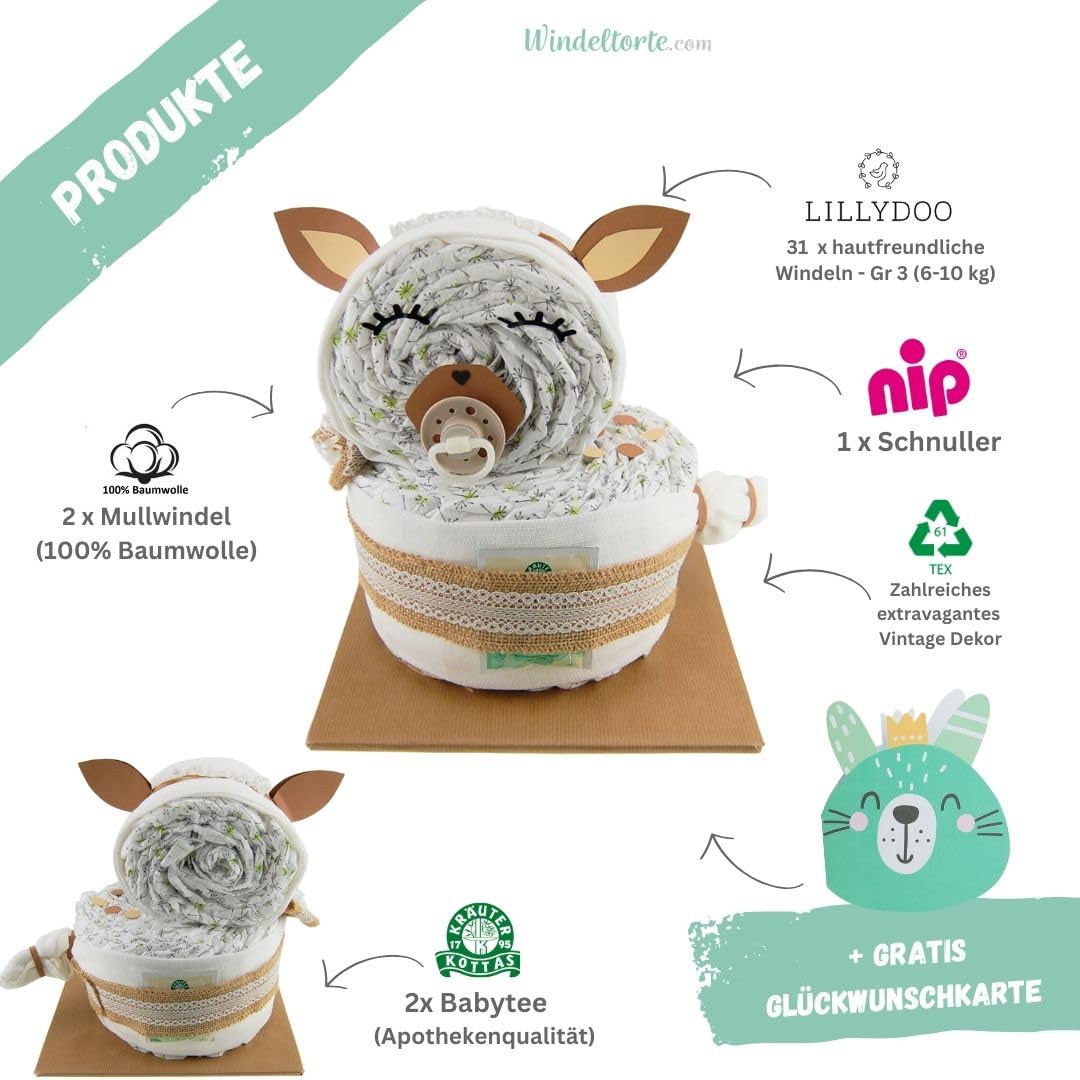 Rehlein Vintage Boho Stil - Geburtsgeschenke - Reh Geschenk für das Baby - Taufgeschenk - Pullerparty - Pinkelparty - jetzt Torte kaufen