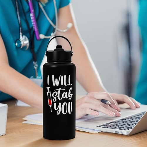 Miniatura 6 de SANDJEST Regalos para enfermeras para mujeres, botella de agua con la frase "I Will Stab You", de acero inoxidable aislada con tapa, regalos de