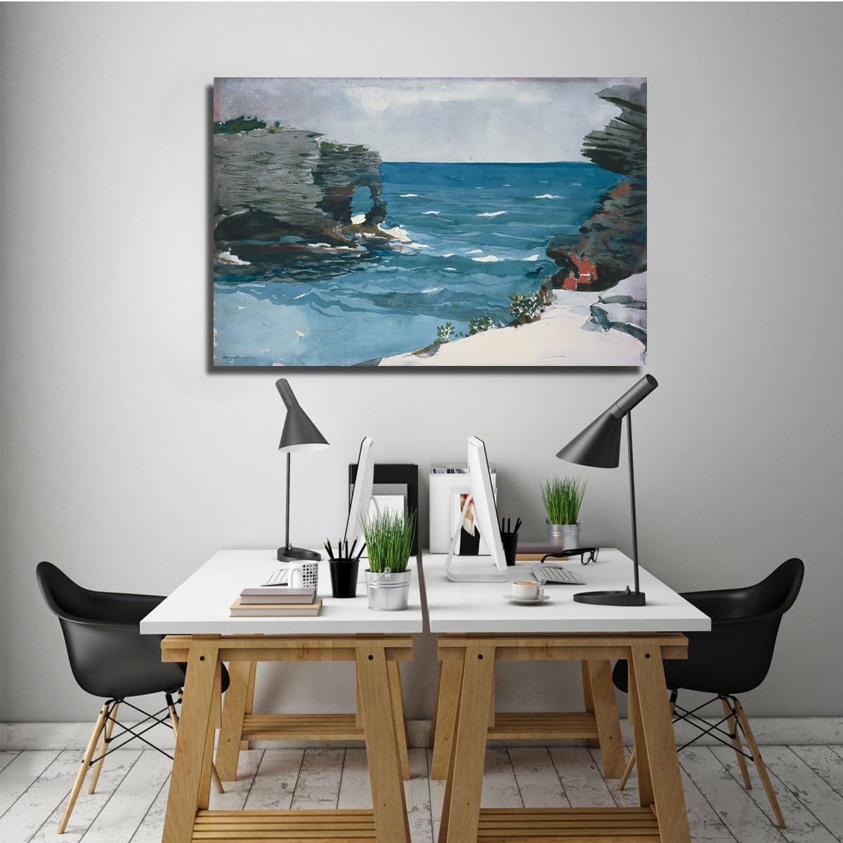 Winslow Homer Rocky Shore Bermudy Płótno Wall Art Obraz Estetyczny Nadmorski Krajobraz Malarstwo Wydruki Grafika do Domu Salon 60 x 90 cm Rama wewnętrzna