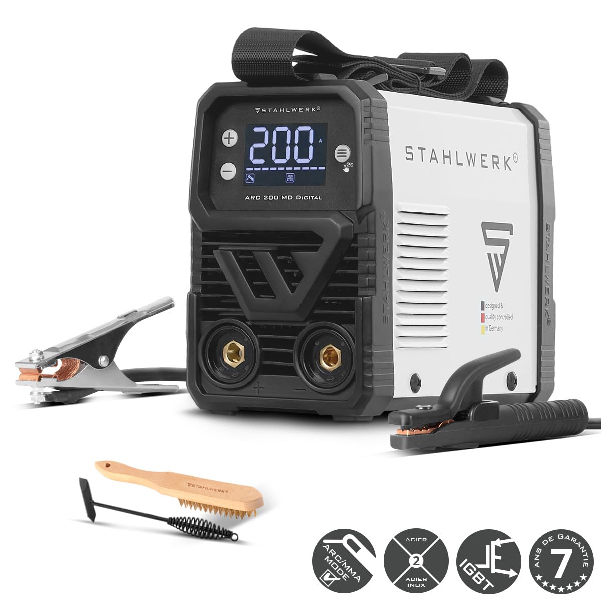STAHLWERK Poste à souder à l'électrode ARC 200 MD Digital – MMA & Lift-TIG (DC) jusqu'à 200 A, utilisation flexible sans gaz, ARC-Force, Hotstart, Anti-Stick, Smart Cooling & protection surchauffe