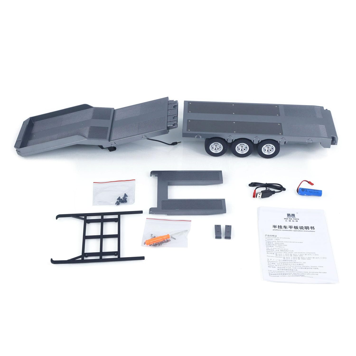 Semirremolque de plástico de 73,5 cm de plataforma plana 1502 para tractor de control remoto 1/18, camión Huina 1501, patas de soporte electrónico, tablero trasero para pasatiempos de adultos