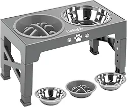 Comedouro Elevado Duplo para Cães Gatos Pet inox com Lento Cor Cinza