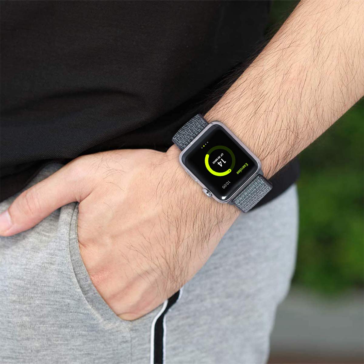 Correa deportiva compatible con Apple Watch de 49 mm, 45 mm, 44 mm, 42 mm, 41 mm, 40 mm, 38 mm, nailon elástico trenzado transpirable para iWatch Series 9, 8, 7, 6, 5, SE, 4, 3, 2, 1, 3-Negro, azul y