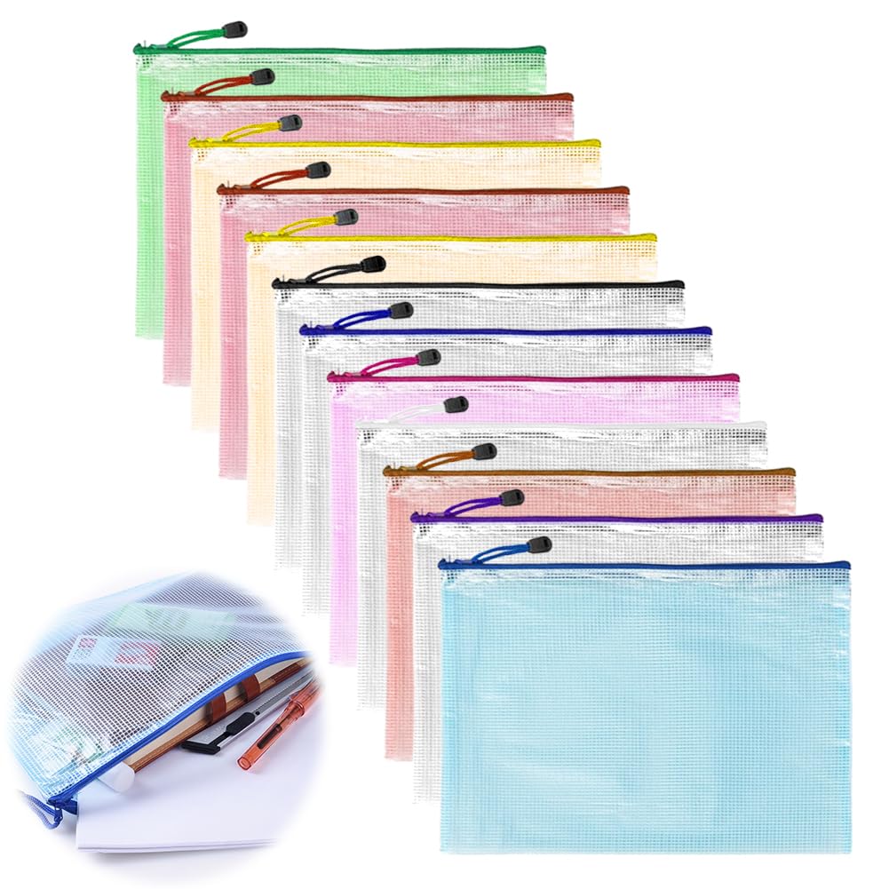 Gohytal A4 Zip Lock Bags Document Wallet, 12/24 PCS A4 Plastic Folders with Zipper, Multi-Color Translucent, Durable, Easy to Carry, Perfect for School/Office/Homework/Travel Storage