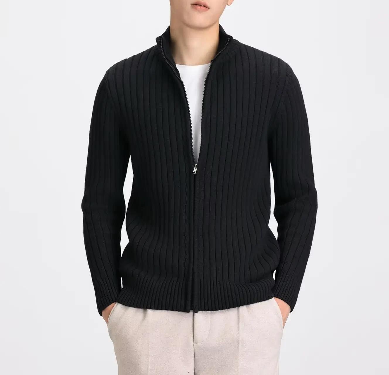 Men's Thick Stand Collar Half-Zip Cardigan Solid Pattern Long Sleeve Knitted Pullover Sweater