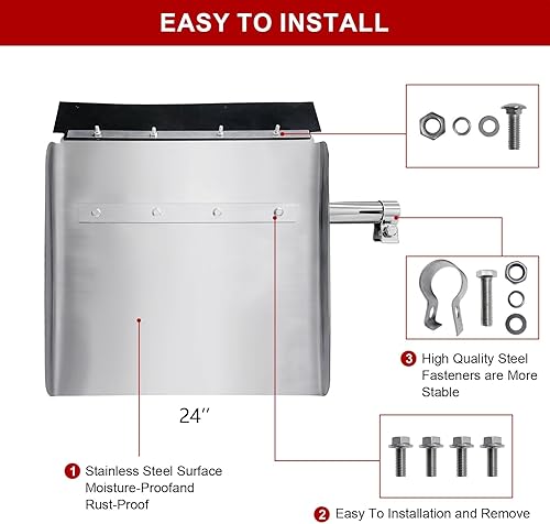 Miniatura 5 de Guardabarros de cuarto de polietileno para semircamión, juego de guardabarros de cuarto de acero inoxidable de 24 x 24 pulgadas con soporte de tubo