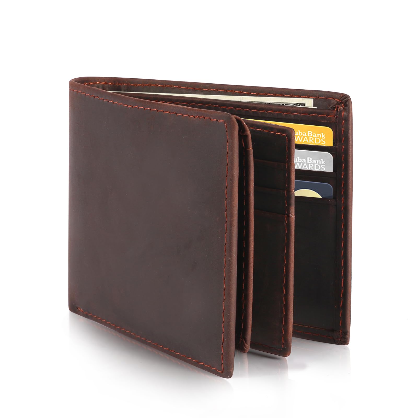 baotuiok Mens Bifold Genuine Leather Large Wallet，Large capacity RFID Blocking Wallet for Men with 14 Card Slots ，2-3 ID/photo windows (Crazy Horse