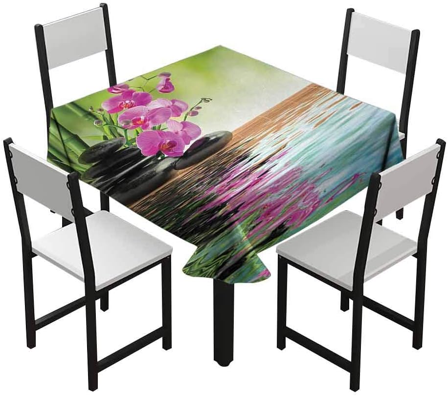 Zara Henry Spa Tablecloths Orchid Flower Stone Oriental Culture Spirituality Wellness Tropical Holiday Outdoor Square Rectangular Tablecloth Fern Green Fuchsia