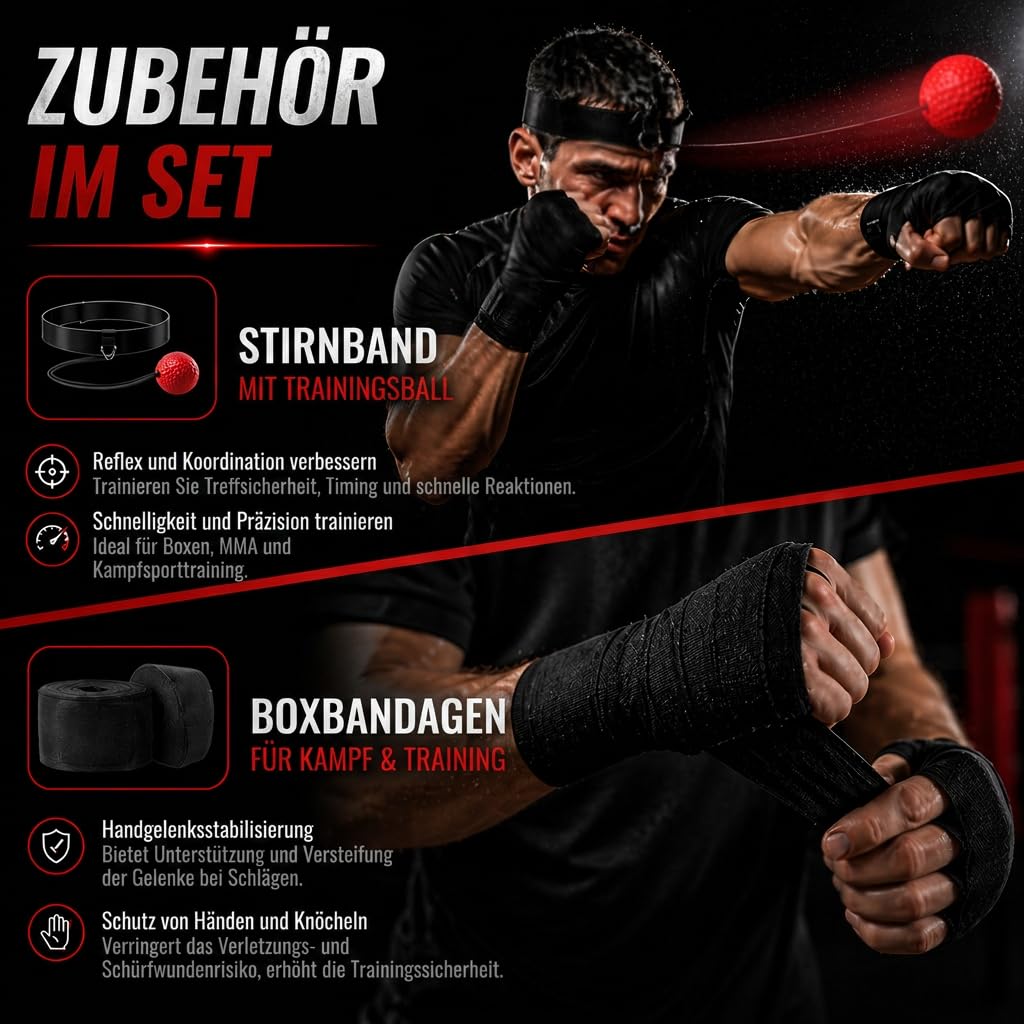 Boxsack Komplett-Set - Nachfüllbar Deckenbefestigung Boxbandagen & Reflexball inklusive Hängender Punching Bag für Box Kickbox MMA Muay Thai Ideal für Zuhause Erwachsene & Jugendliche