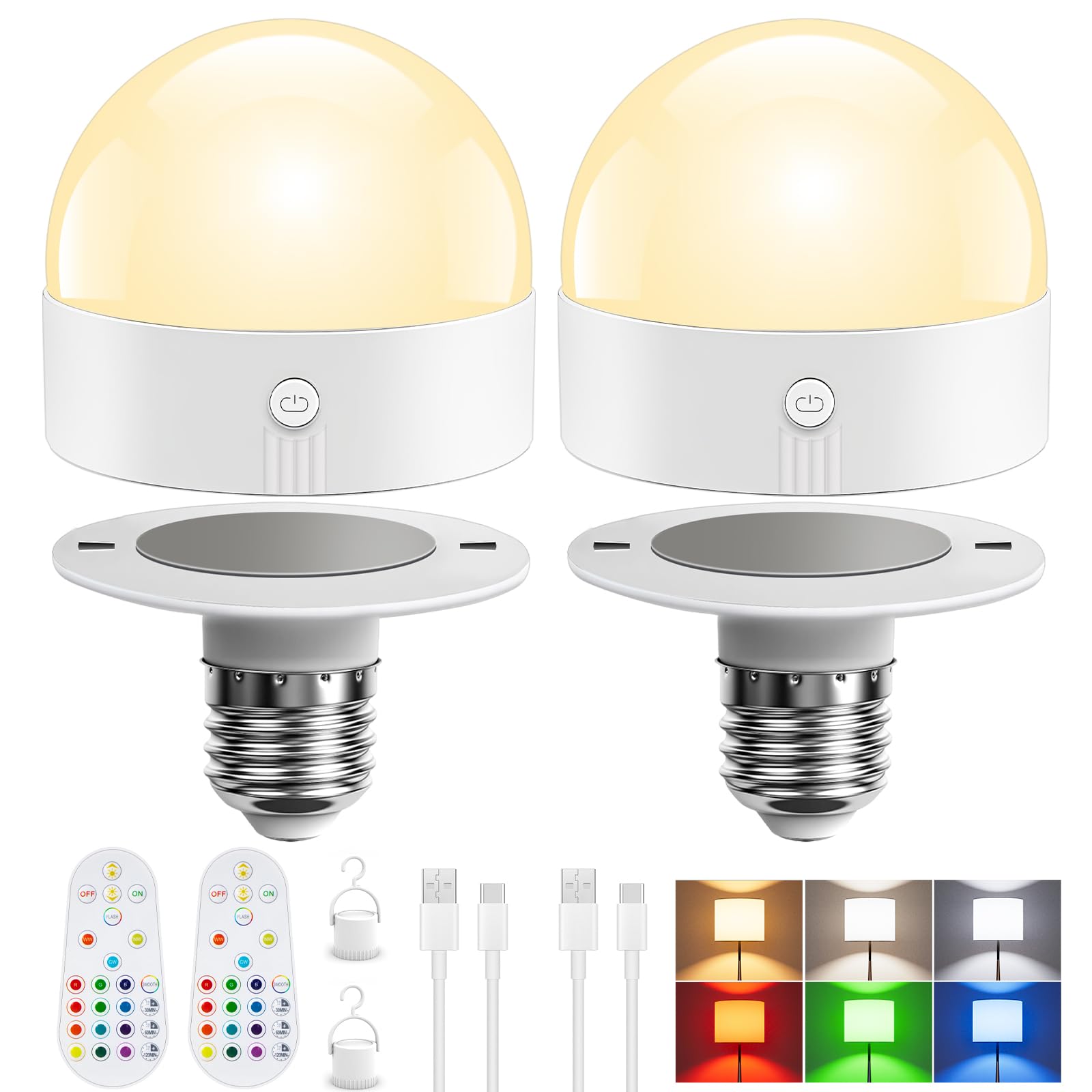 TJOY E26 Rechargeable Light Bulb with Remote and Timer, Battery Operated Bulb with 3 Color Temperatures and 15 RGB Colors, Dimmable Wireless LED Bulb for Lamps, Detachable Charging for Sconces, 2 Pack