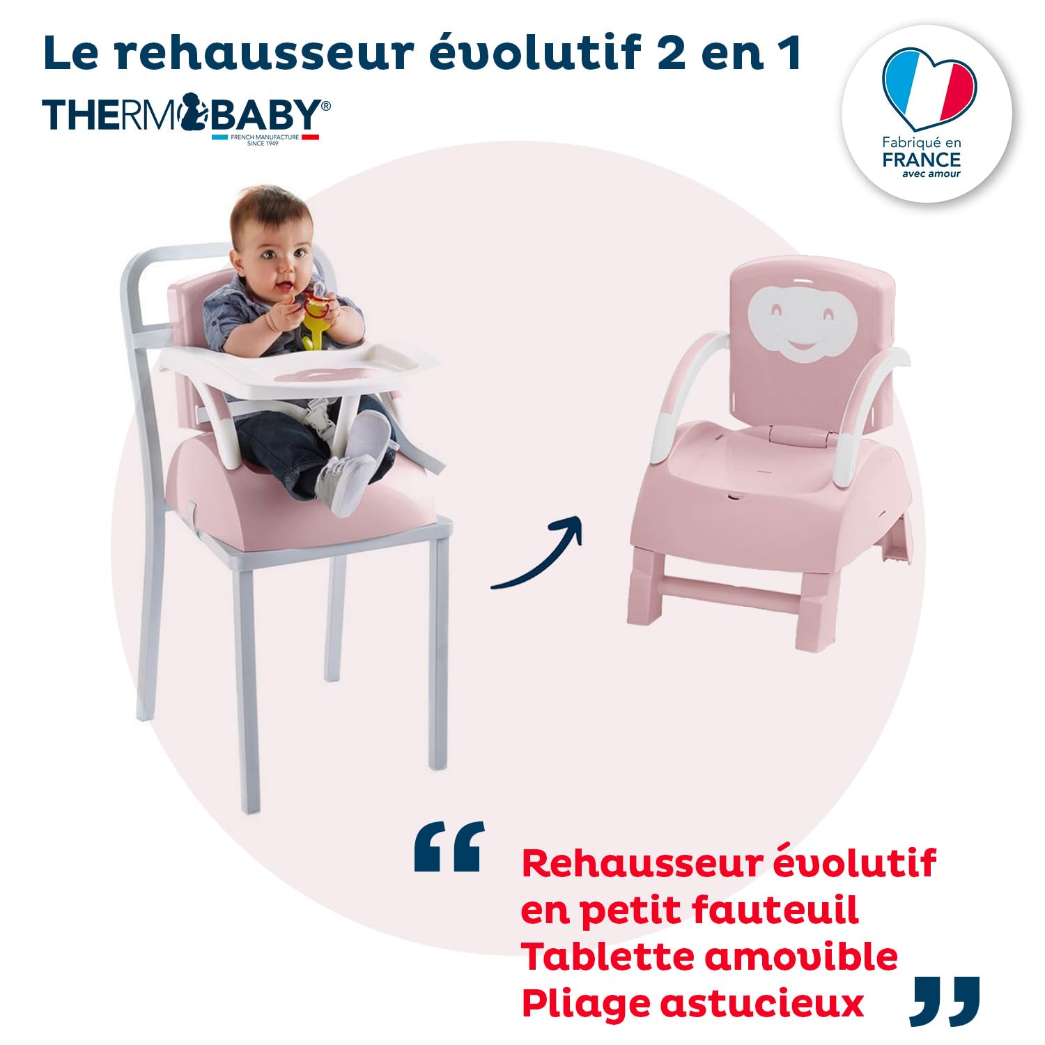 THERMOBABY Chair Booster - puderrosa | Sitzerhöhung mit abnehmbarem Tablett und 3-Punkt-Gurtsystem, erweiterbar zum Kindersessel. Ab 6 Monaten bis 15 kg.