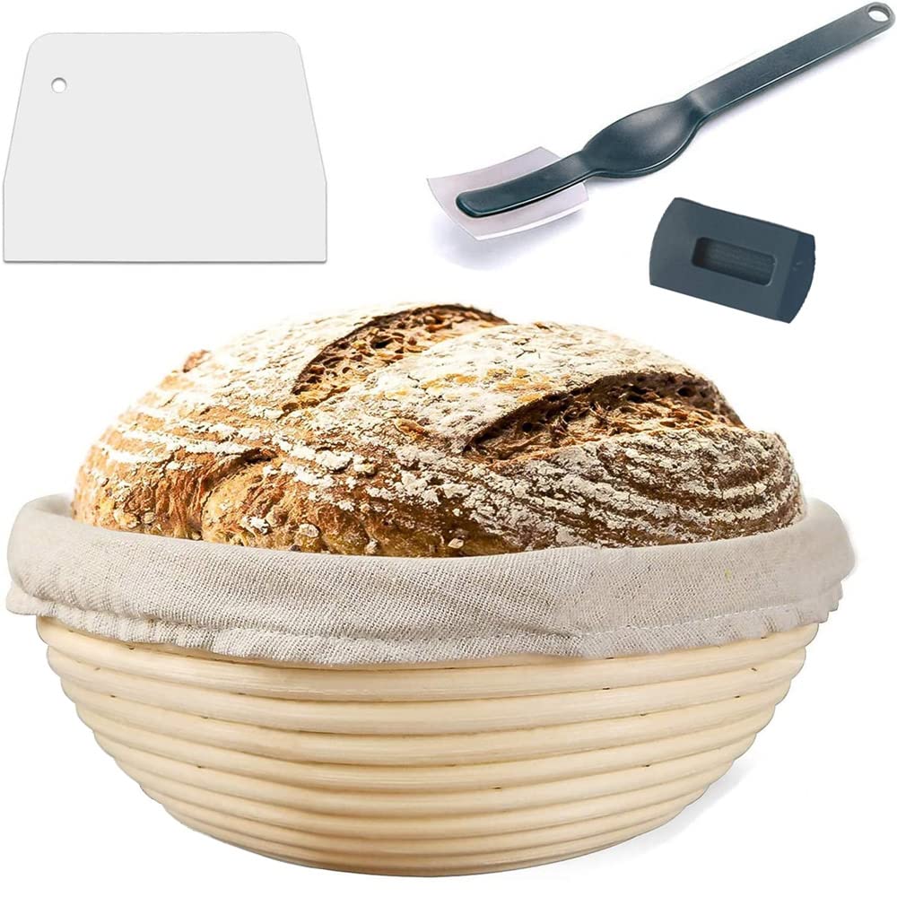 Kit Completo Per Pane A Lievitazione Naturale: Cestino Banneton 22,9 Cm, Barattolo Starter, Lame E Raschietti