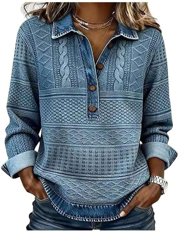Womens Lounge Long Sleeve Pullover Top Denim Collar Button Front Patchwork Casual Loose Fit Blouse Daily Wear