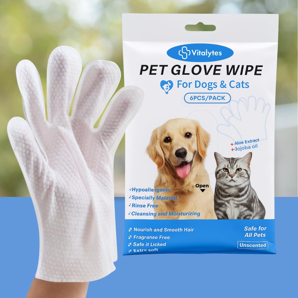 Vitalytes Pet Glove Wipes for Dogs & Cats, Disposable Rinse-Free Cleaning Gloves with Aloe & Jojoba Oil, Hypoallergenic