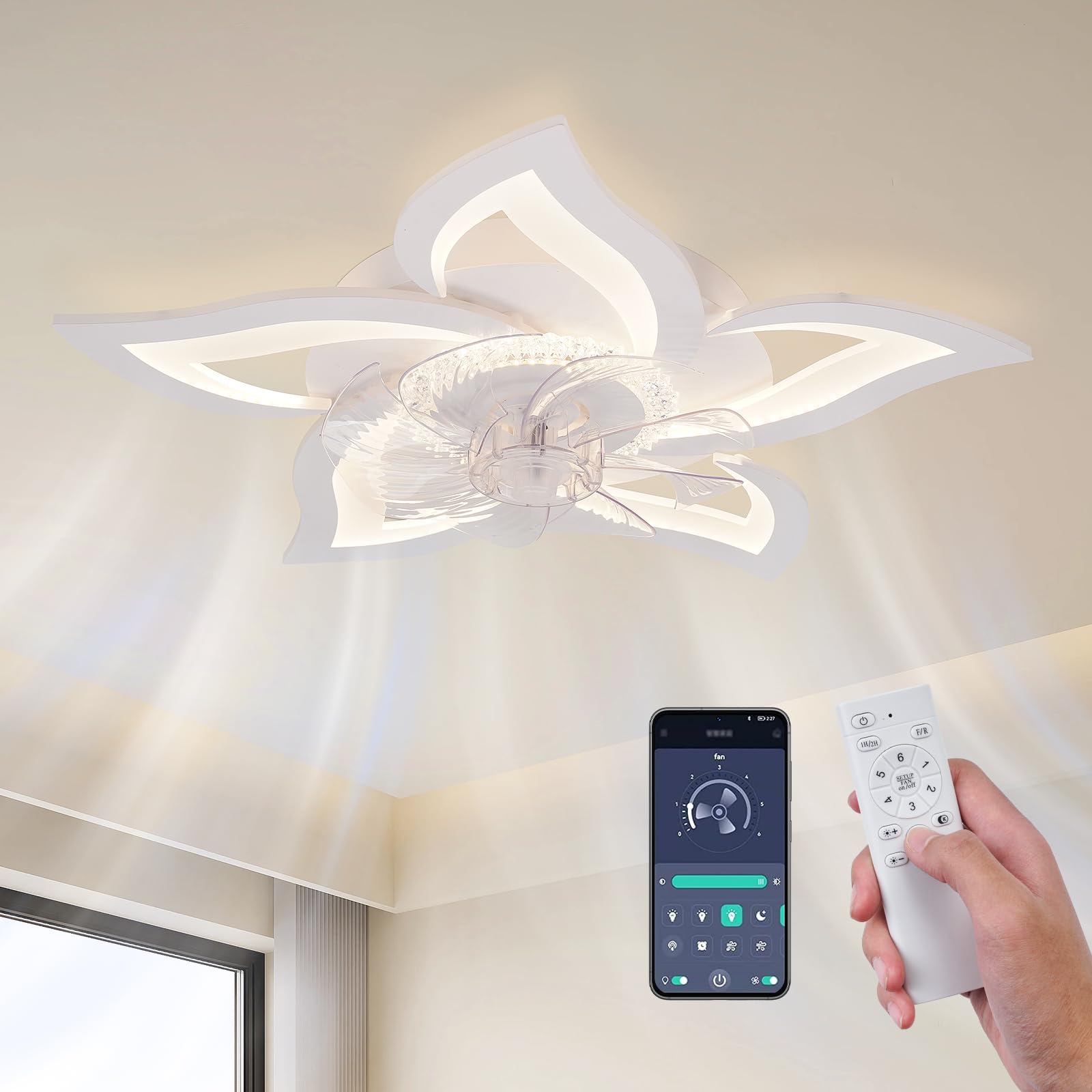 LED Deckenventilator mit Licht Leise, 69 cm Deckenventilator mit Beleuchtung Dimmbar (3000K-6000K), App & Fernbedienung, für Schlafzimmer/Wohnzimmer, 47W, Weiß