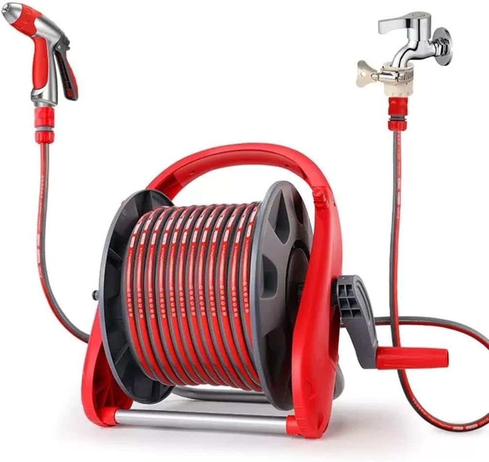 Extendable Hose Reel Cart with 10m PVC Hose, Wall Mounted or Portable, Garden Hose Organizer for Car Wash, Irrigation, and Outdoor Cleaning (Red)(Hose Cart+40m Pipe)