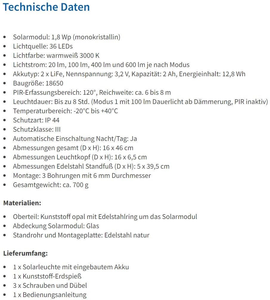 esotec Solar Wegeleuchte Modena 45 cm mit Bewegungsmelder, Solarleuchte für Außen Garten, LED Gartenbeleuchtung Solar 600 lm, warmweiß, IP44, 102754