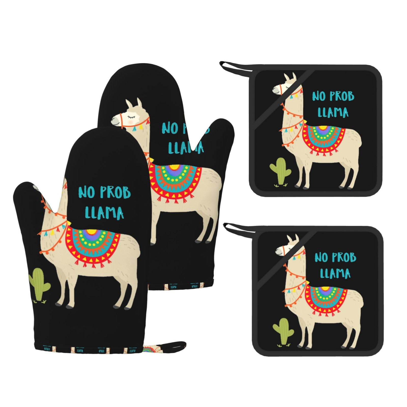 Cute Cartoon Llama Cactus Printed Oven Mitts with Pocket and Hot Pads, Silicone Non-Slip Kitchen Gloves for Baking BBQ