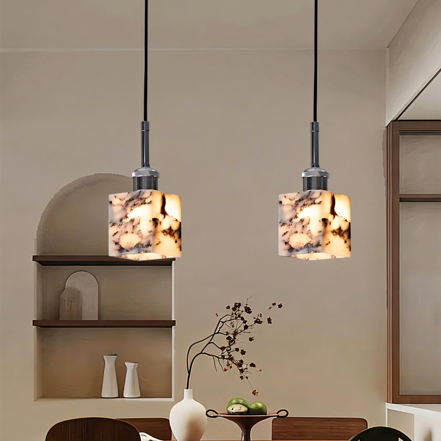 Lampa Wisząca Z Naturalnego Marmuru Kwadratowy Żyrandol Sufitowy 3,9 Cala Unikalna Tekstura Kamienia Ręcznie Polerowana Podstawa E27 Wiatr Wabi-Sabi W Stylu Hiszpańskim Do Korytarza,