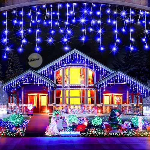 66ft Christmas Lights Decorations Outdoor, 640 LED 8 Modes Curtain Fairy Lights with 120 Drops,Plug in Waterproof Timer Memory Function for Christmas Holiday Wedding Party Decorations(Blue)