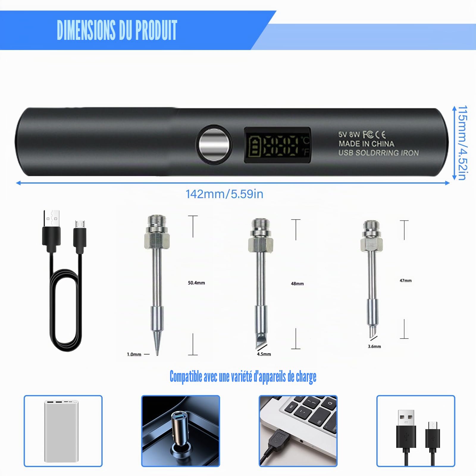 Kit de fer à souder sans fil, portable, rechargeable par USB, avec mode d'éclairage, LCD et 2 pointes interchangeables, 8 W, 5 températures réglables (260 ℃ à 420 ℃) pour réparer le soudage