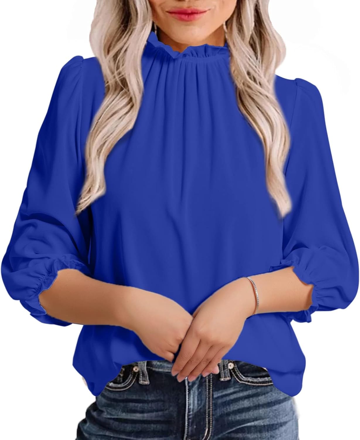 Avanova Women Polka Dot Long Sleeve Blouse Shirts Work Mock Neck Ruffle Top