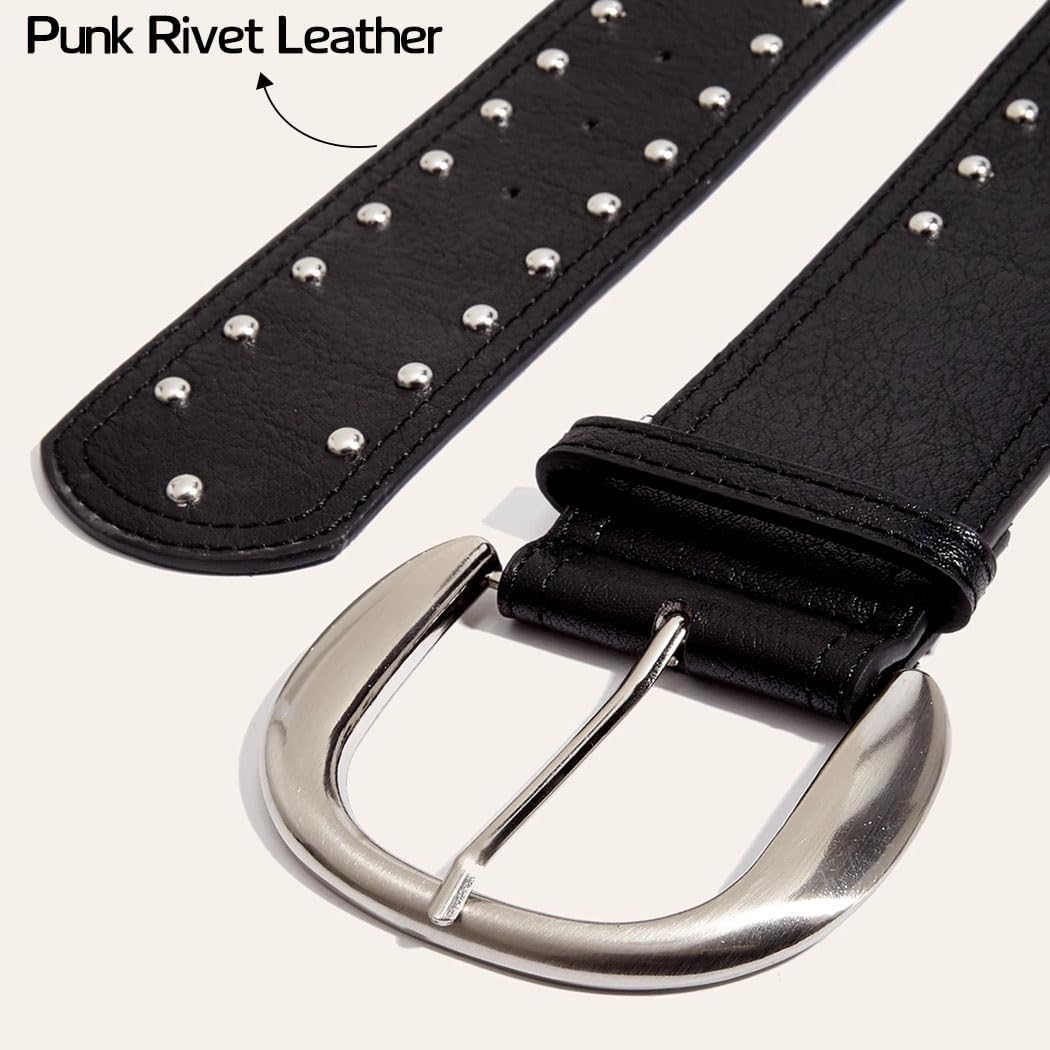 Black Studded Belt for Women Rock Rivet Wide Leather Belt for Dress Pants Y2K Cowgirl Chunky Belts Punk Thick Belt - Image 3