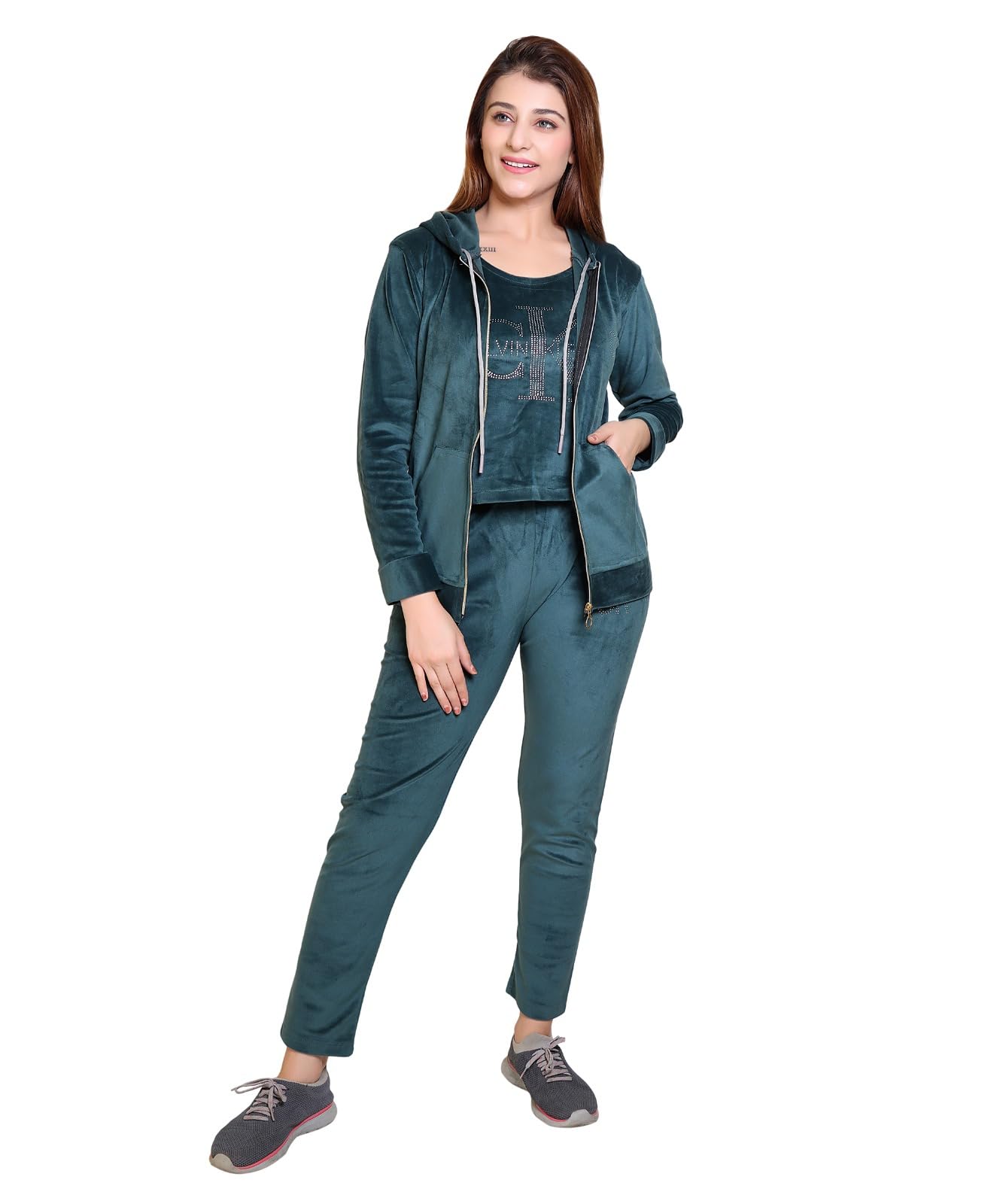 GenericD-LINE Women's Premium Velvet 3-Piece Tracksuit Set (Emerald Green)