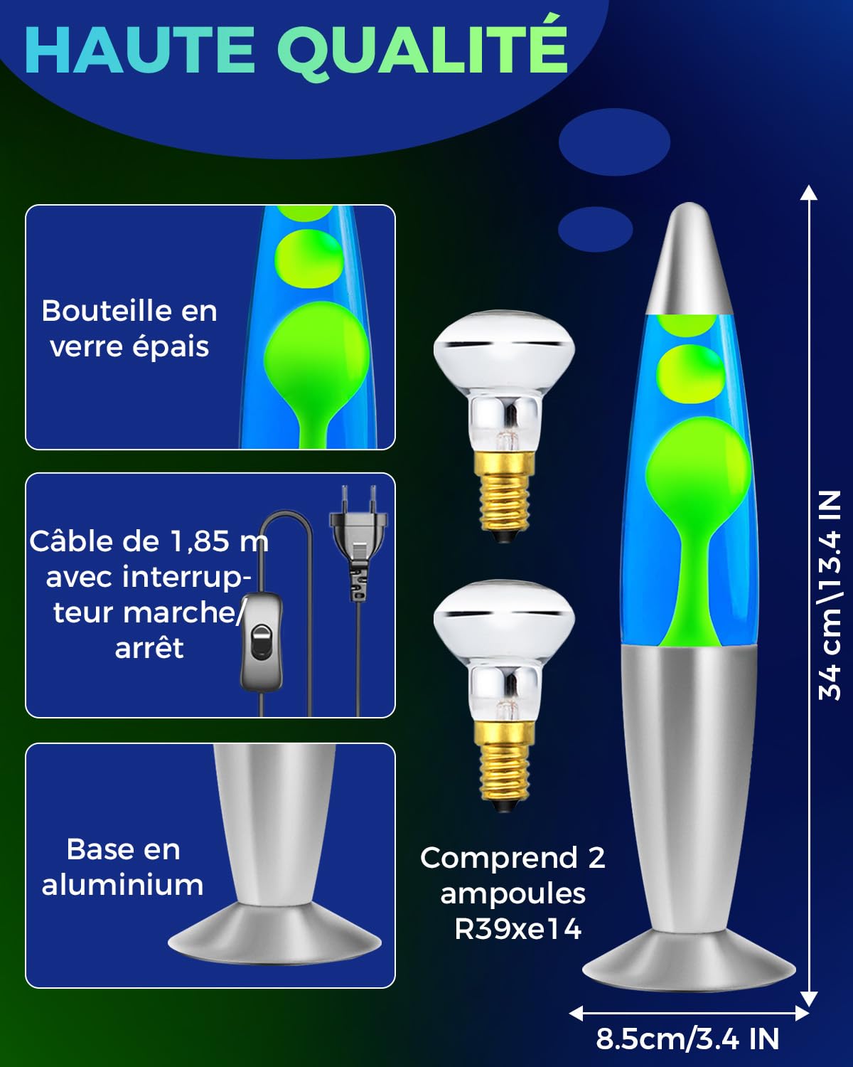 DoRight Lamp Lave Lumineuse à Décorer 34CM Liquide Bleu/Cire Verte Lamp à Lave Magma Fusée Rétro Câble 1,85M avec Interrupteur et Prise EU pour Lampe à Lave Atmosphérique 220V-240V