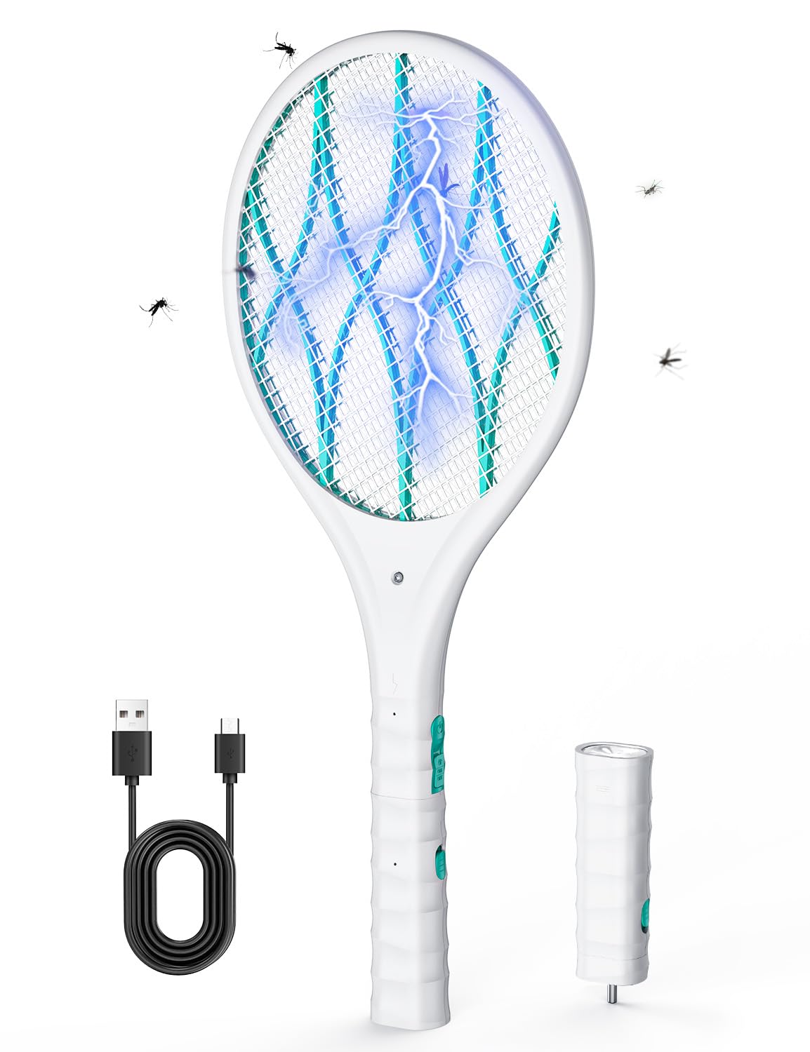 AROEVE Electric Mosquito Racquet, 4000V Electric Fly Swatter Racket USB Charging, LED Light, Detachable Flashlight, 3 Layer Protection, Double Switch, Home, Garden, White