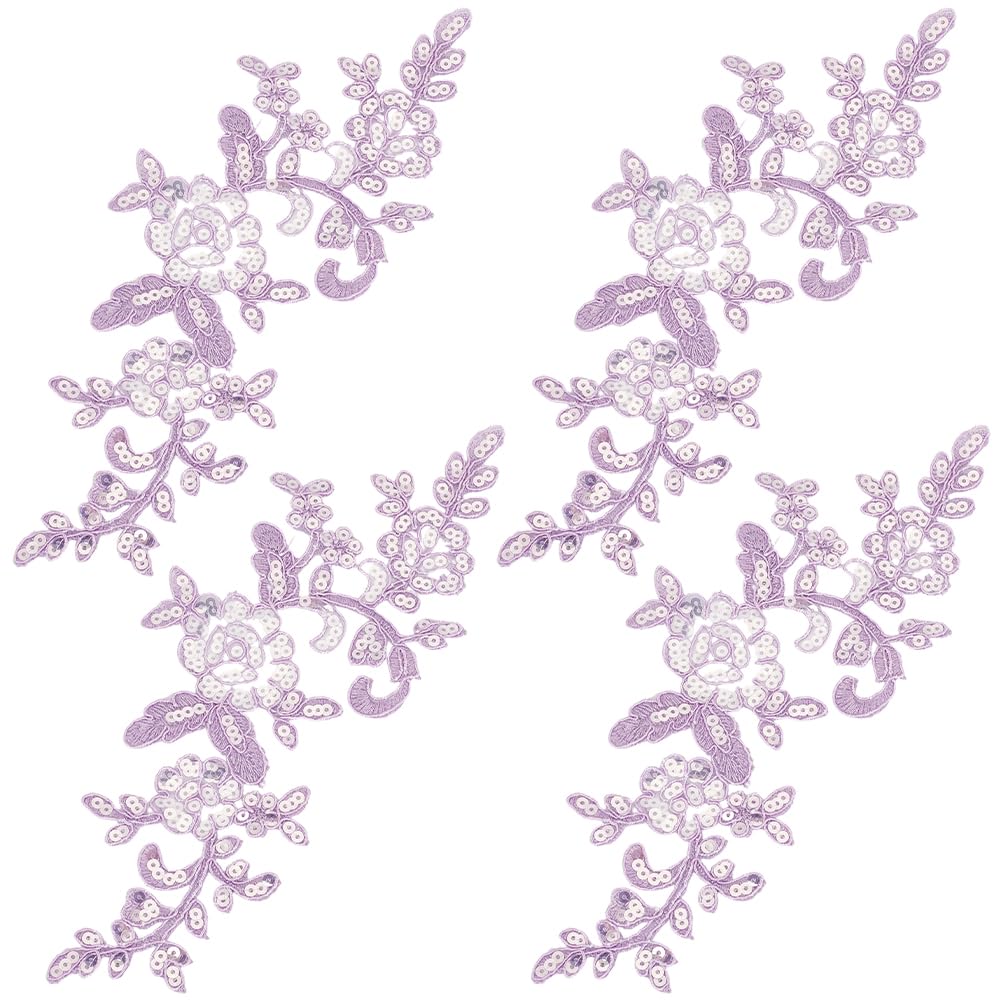 GORGECRAFT 4 Pairs Sequin Flower Lace Appliques Floral Embroidery Sew on Patches Violet Leaf Vine Lace Fabric Embroidered Collar Patch for Party Dress Blouse Pants Clothes Bags Embellishments DIY