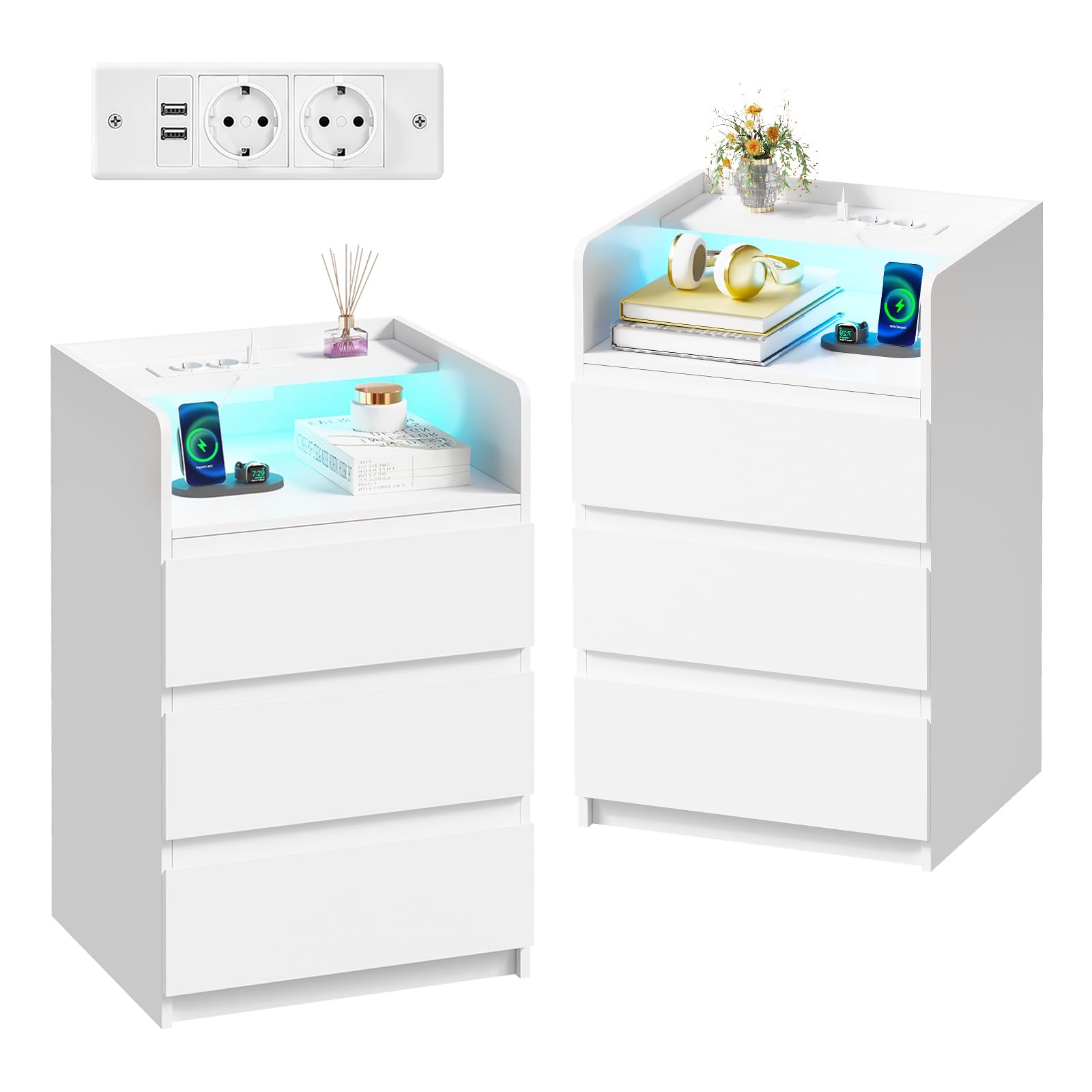 ANWBROAD Mesita de Noche con Enchufes Integrados,Mesilla de Noche con Tira de Luces LED,3 Cajones 1 Compartimento,Mesita de Noche Moderna para Dormitorios Salones (2, Blanco) BNS014W