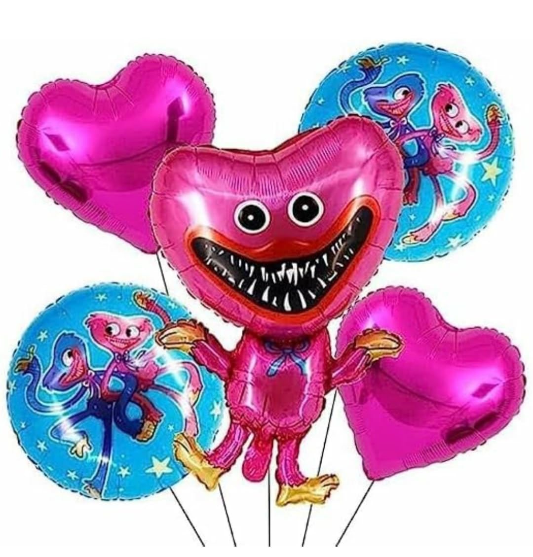 Fun Affairs Puppy Playtime Pink Monster Theme Foil Balloon Set – Cartoon Style Birthday Decoration Balloons with Heart & Round Printed Balloons for Kids Party Supplies, 5Pcs