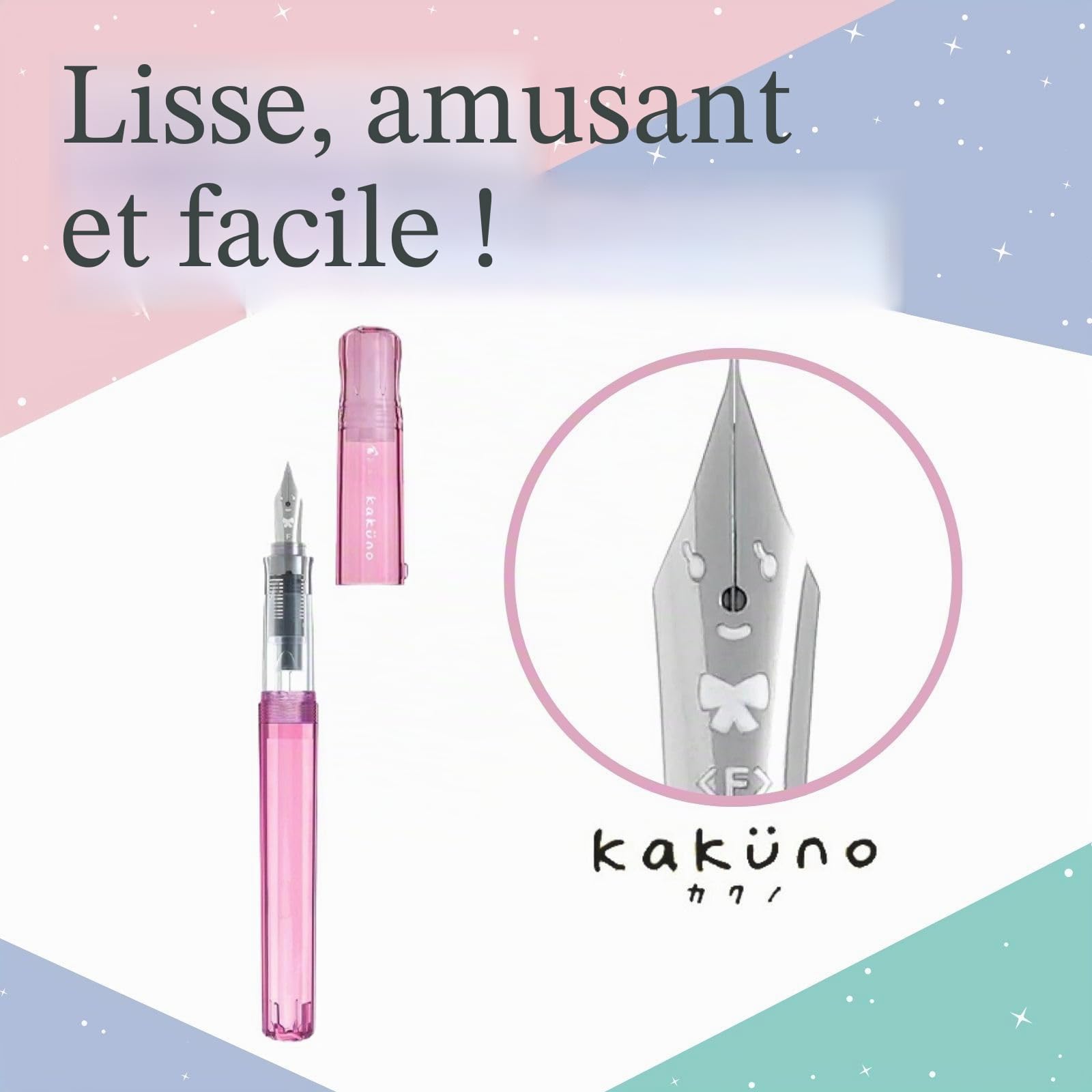 Ensemble de stylo plume Someie CON-40 avec convertisseur & pointe fine Kakuno rose (FKA-1SR-KGP-F) avec cartouche d'encre noire & notes autocollantes – Système d'encre rechargeable, pour débutants