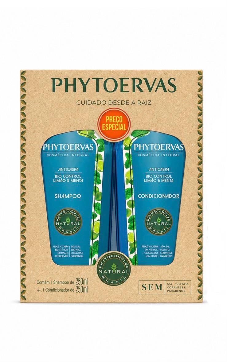 Kit Shampoo e Condicionador Anticaspa Phytoervas 250mL Cada, Limão & Menta, Sem Sal, Sem