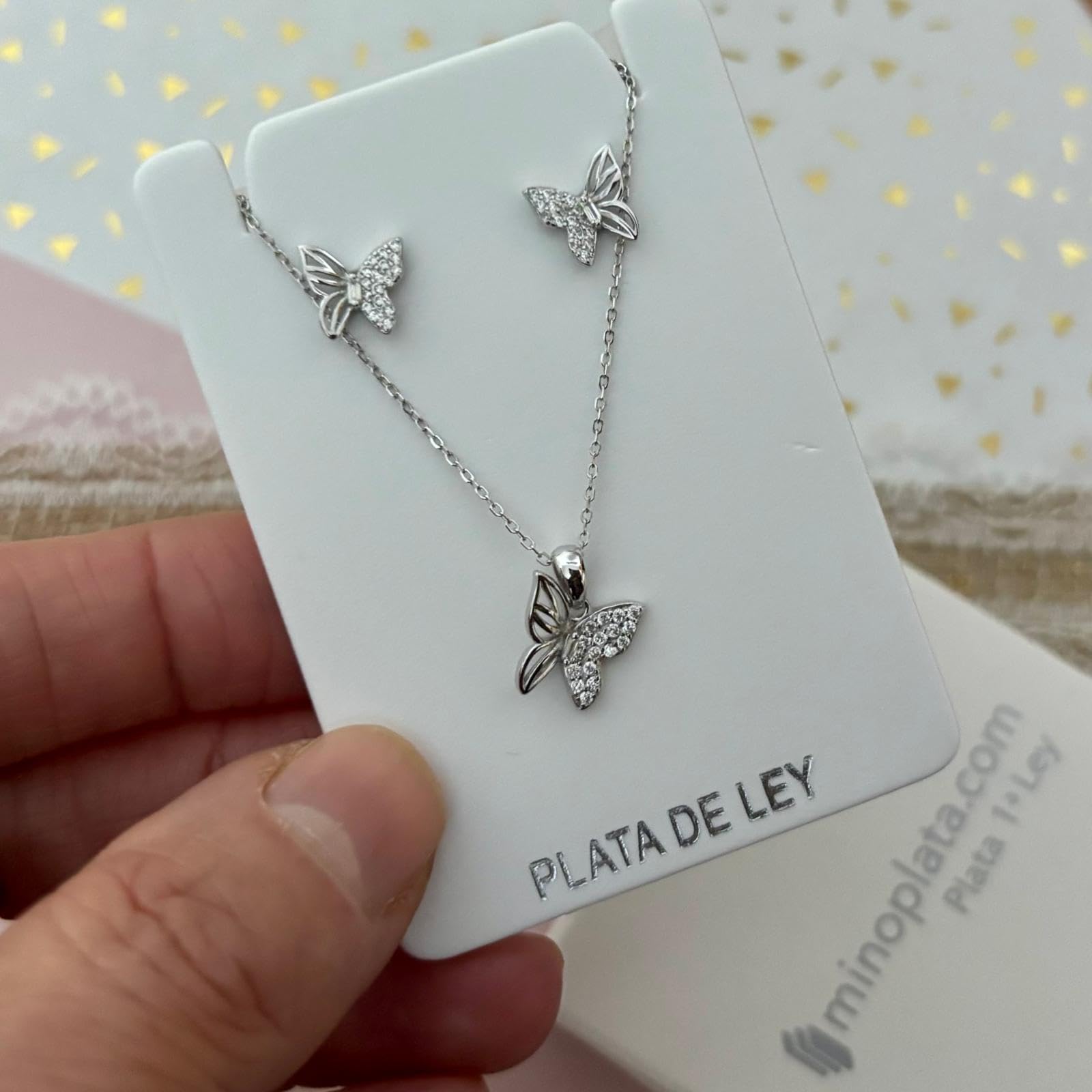 Set di farfalle, orecchini e girocollo in argento Sterling 925 rodiato con zirconi, motivo traforato, catena 40 cm, con confezione regalo