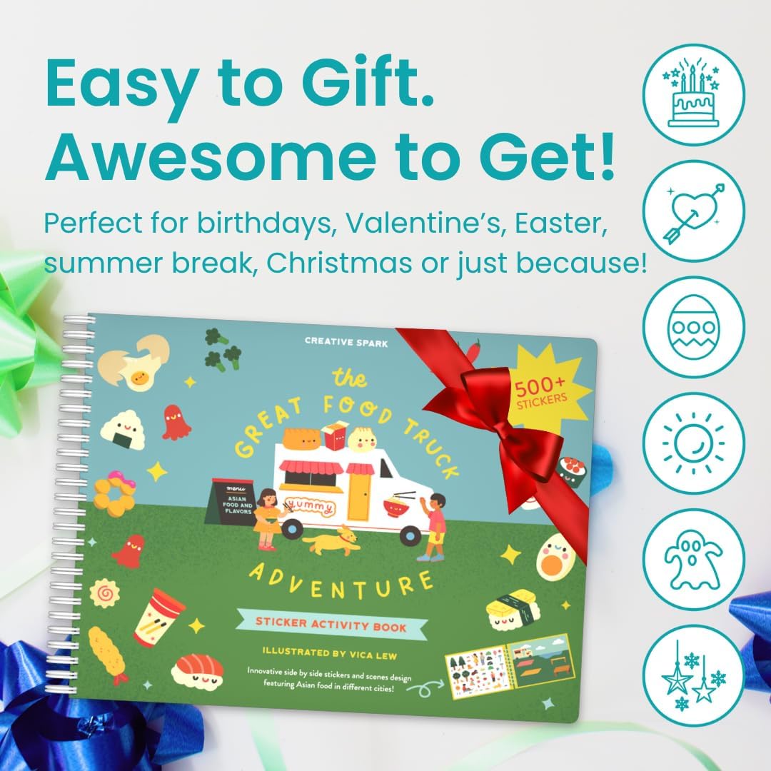 Food Truck Adventure 500+ Kids Sticker Book by Cupkin Fun Toddler Travel Activity Coloring and Sticker Book, 12 Coloring Pages + 12 Scenes for Children's of 2-8 Years, Valentines Gifts for Kids - Image 7