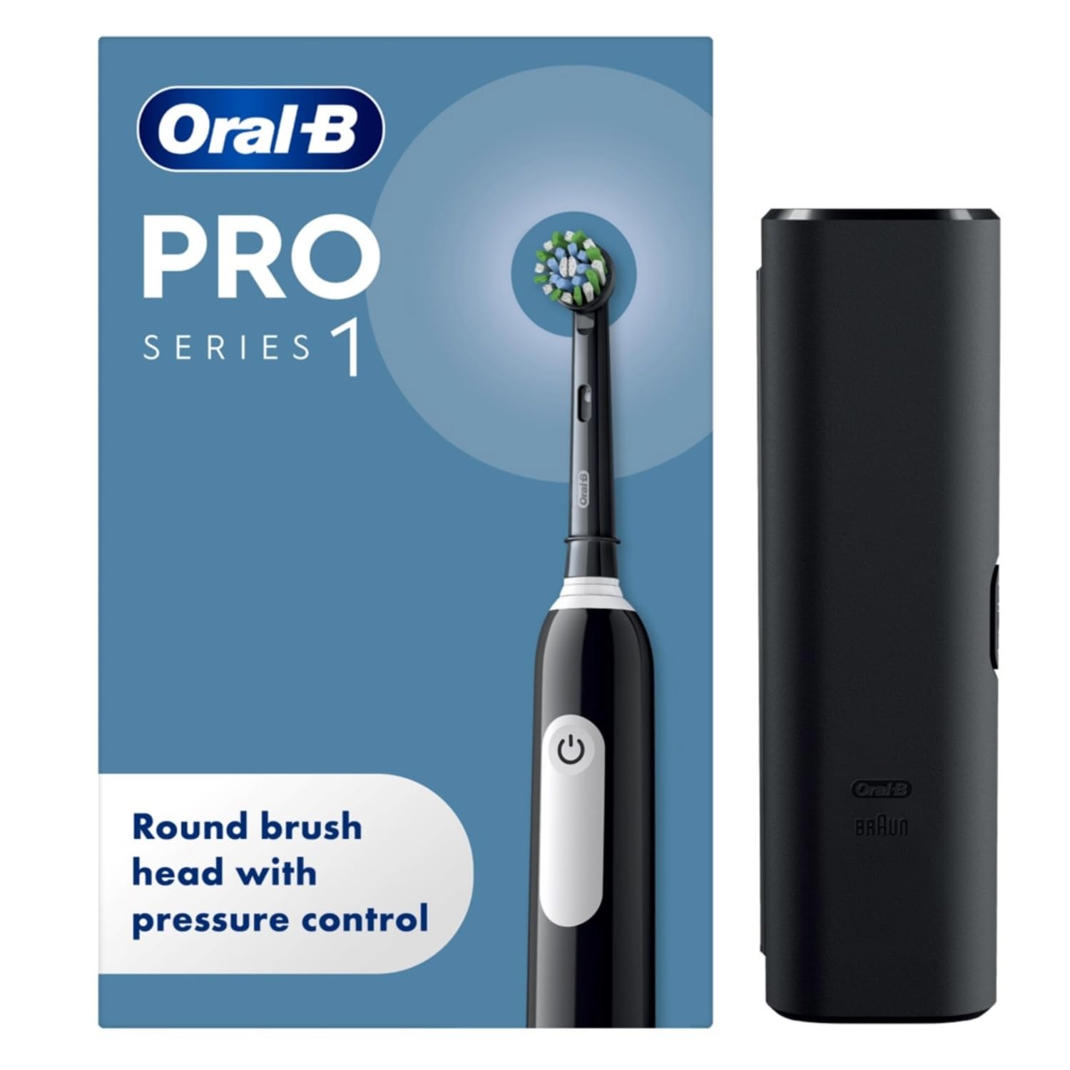 Oral-B Pro Series 1 czarna elektryczna szczoteczka do zębów, 1 głowica szczoteczki do zębów, 1 etui podróżne, zaprojektowane przez Braun