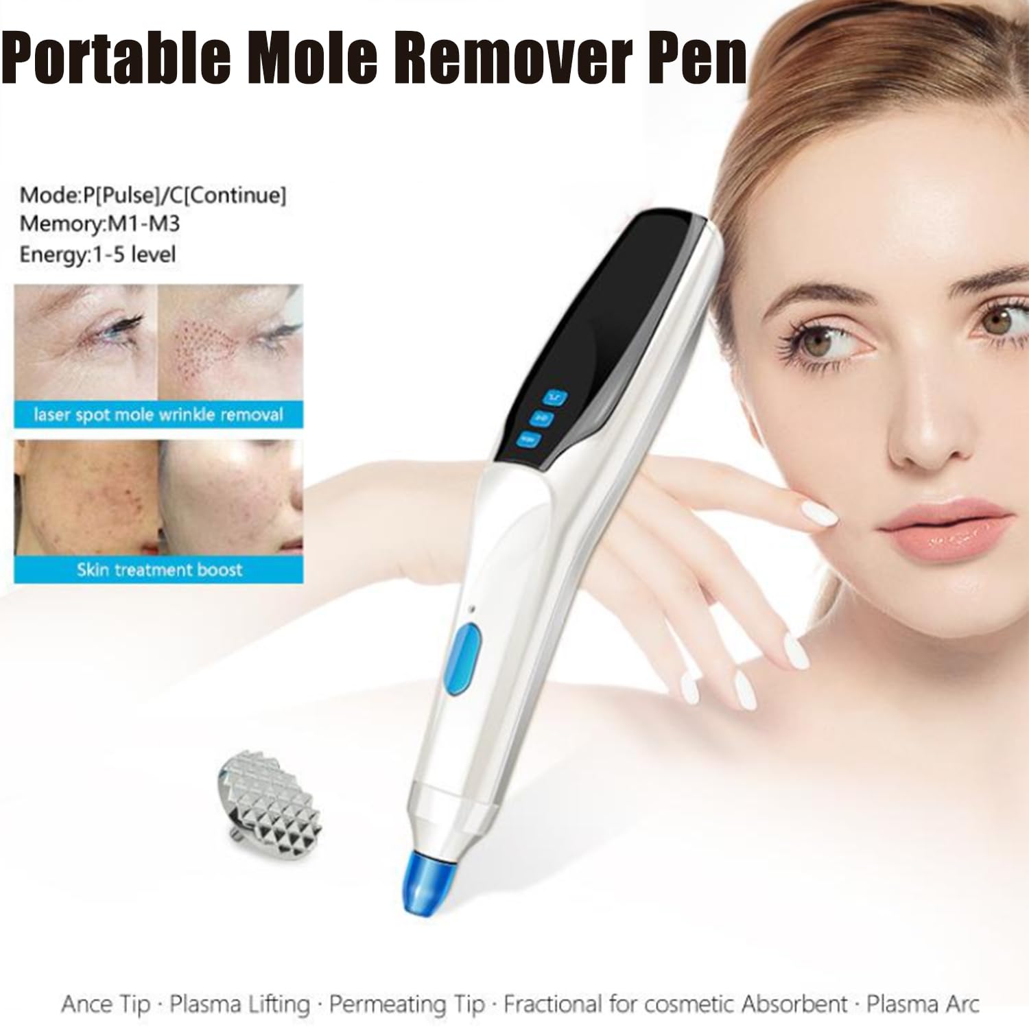 Maulwurfentferner Stift - Fibroblast Plasma Pen mit 5 Stärkestufen & 5 Ersatzköpfen, LED-Display für Augenlidliftung, Warze, Sommersprossen & Faltenentfernung