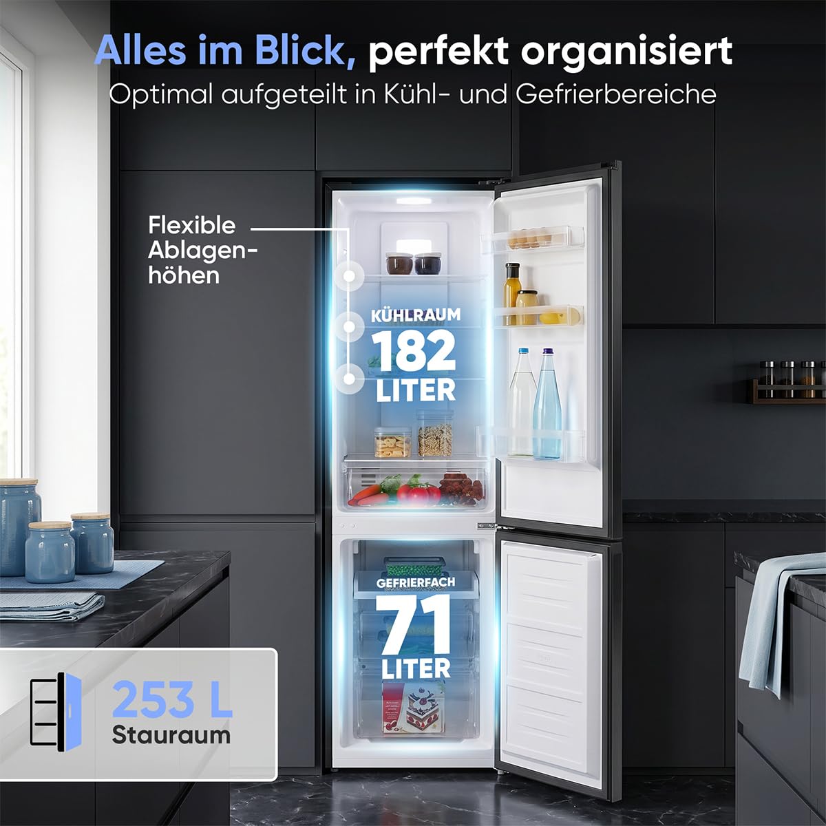 Bomann® Kühlschrank mit Gefrierfach | Energieklasse C | 181cm | NoFrost | 5 Jahre Kompressor-Garantie | Kühl Gefrierkombination No-Frost | Kühlgefrierkombination freistehend | KG 7370 schwarz