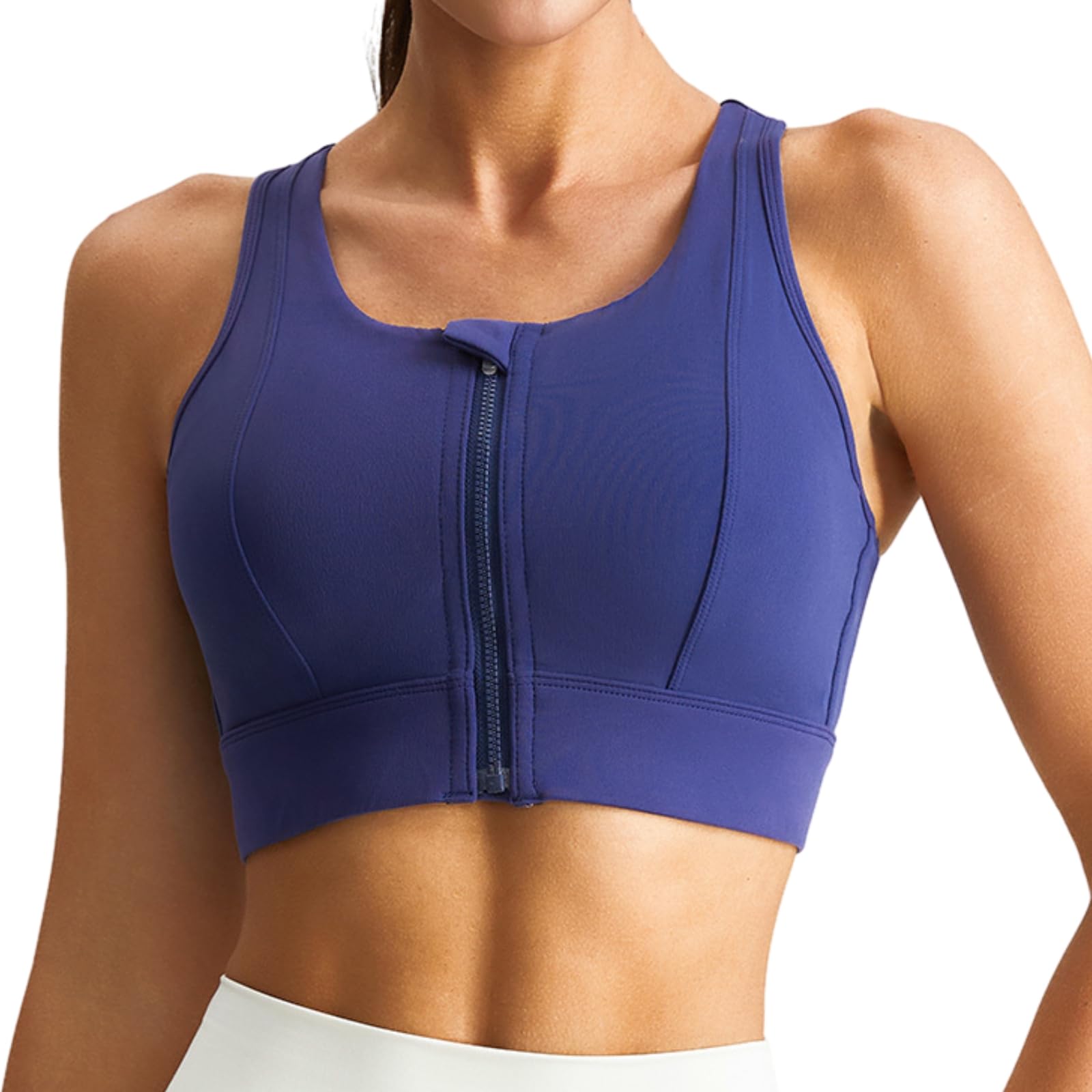 Biustonosz sportowy z zamkiem błyskawicznym z przodu dla kobiet, duży rozmiar, wysoce elastyczny nylon + spandex, bezszwowy, szerokie paski dla wygody, do XXL, NIEBIESKI, 3XL