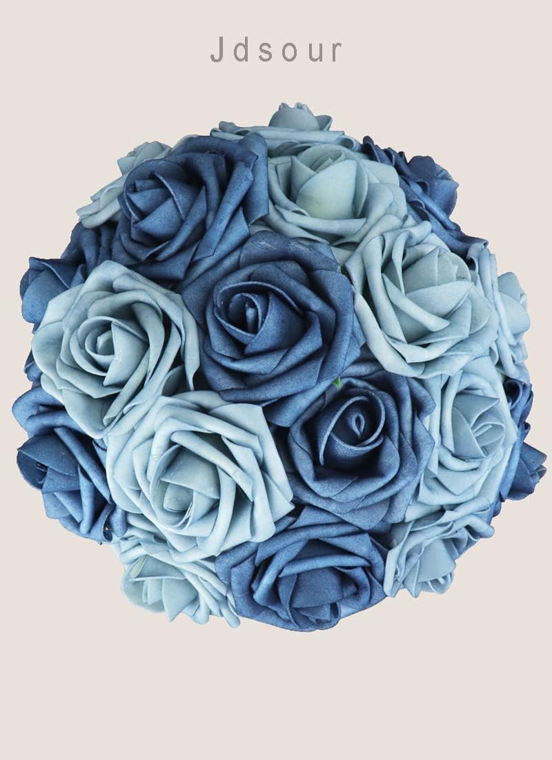 50pcs Artificial Flower，Real Touch Foam Roses w/Stem DIY for Wedding Bouquet Centerpieces Party Shower Home Decor-Dusty Blue Shades - Image 5