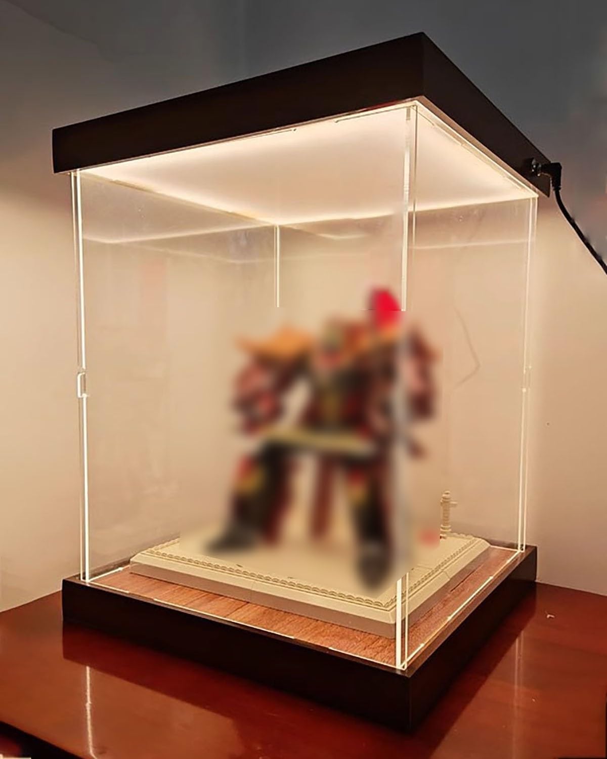 Teca Plexiglass Vetrina in Acrilico con Luci, Vetrina con Base Effetto Legno/Coperchio Rimovibile, Scatola Regalo in Acrilico Trasparente, Vetrina per Diorama(400x300x350mm/16x12x14in)