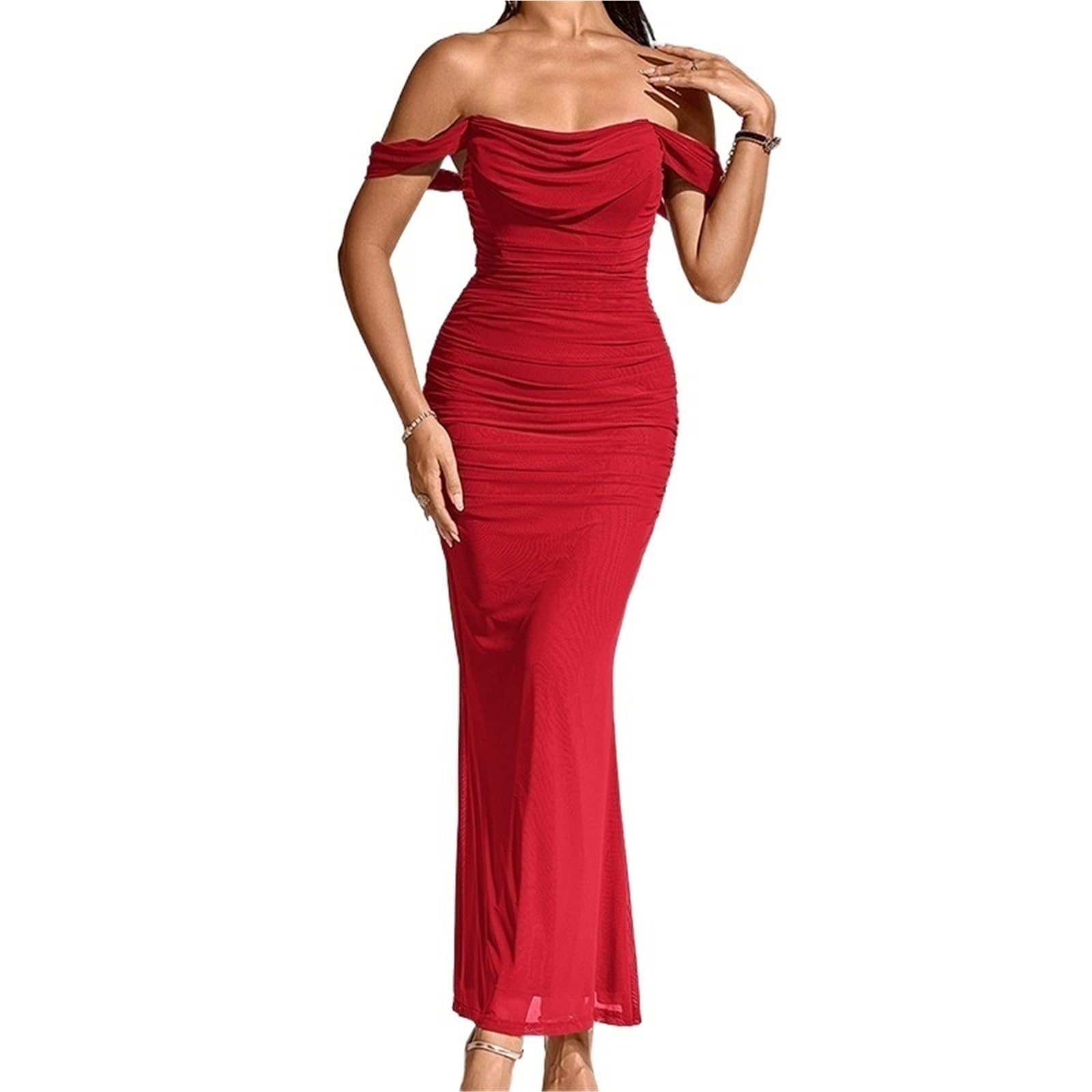 EDQPLL Womens Maxi Dress,Off The Shoulder Maxi Long DressCorset Ruched Bodycon Formal Wedding Guest Dresses(Red,S)