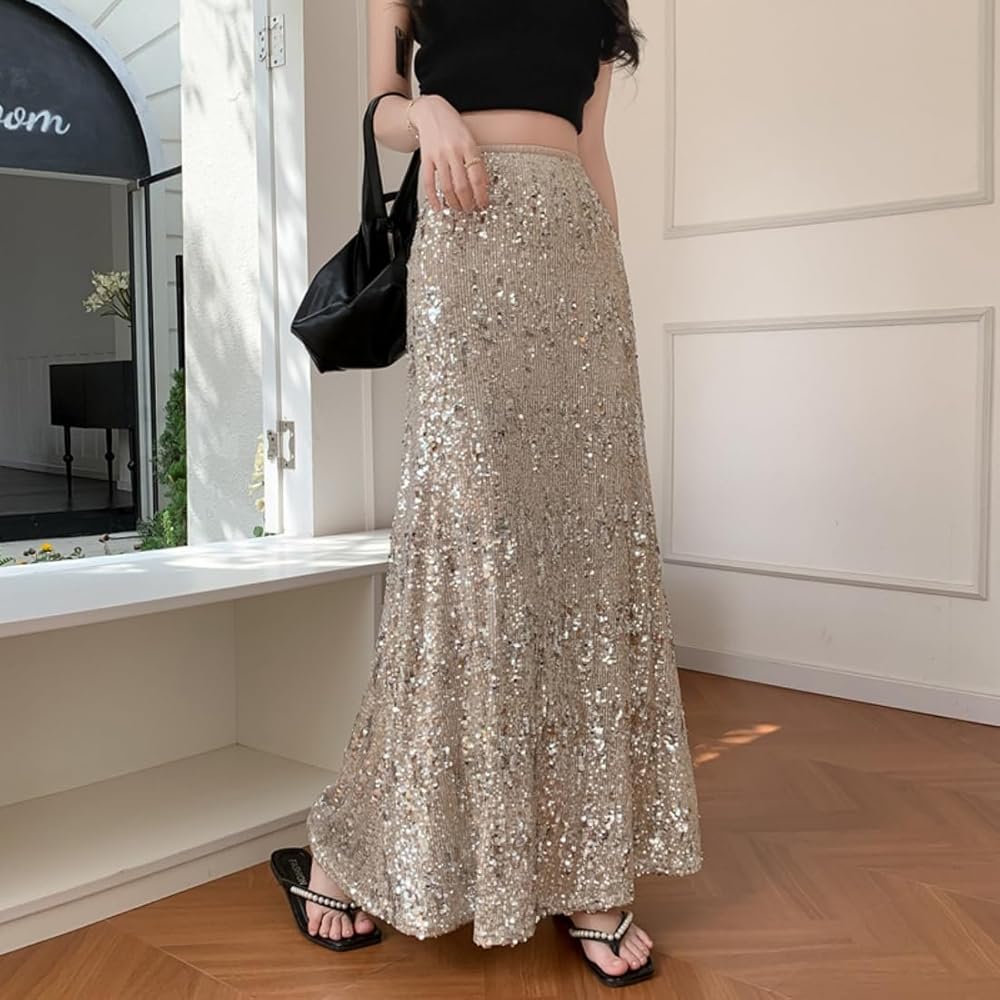 Amazon.com: Women's Sequin Fishtail Skirt High Waist Shiny