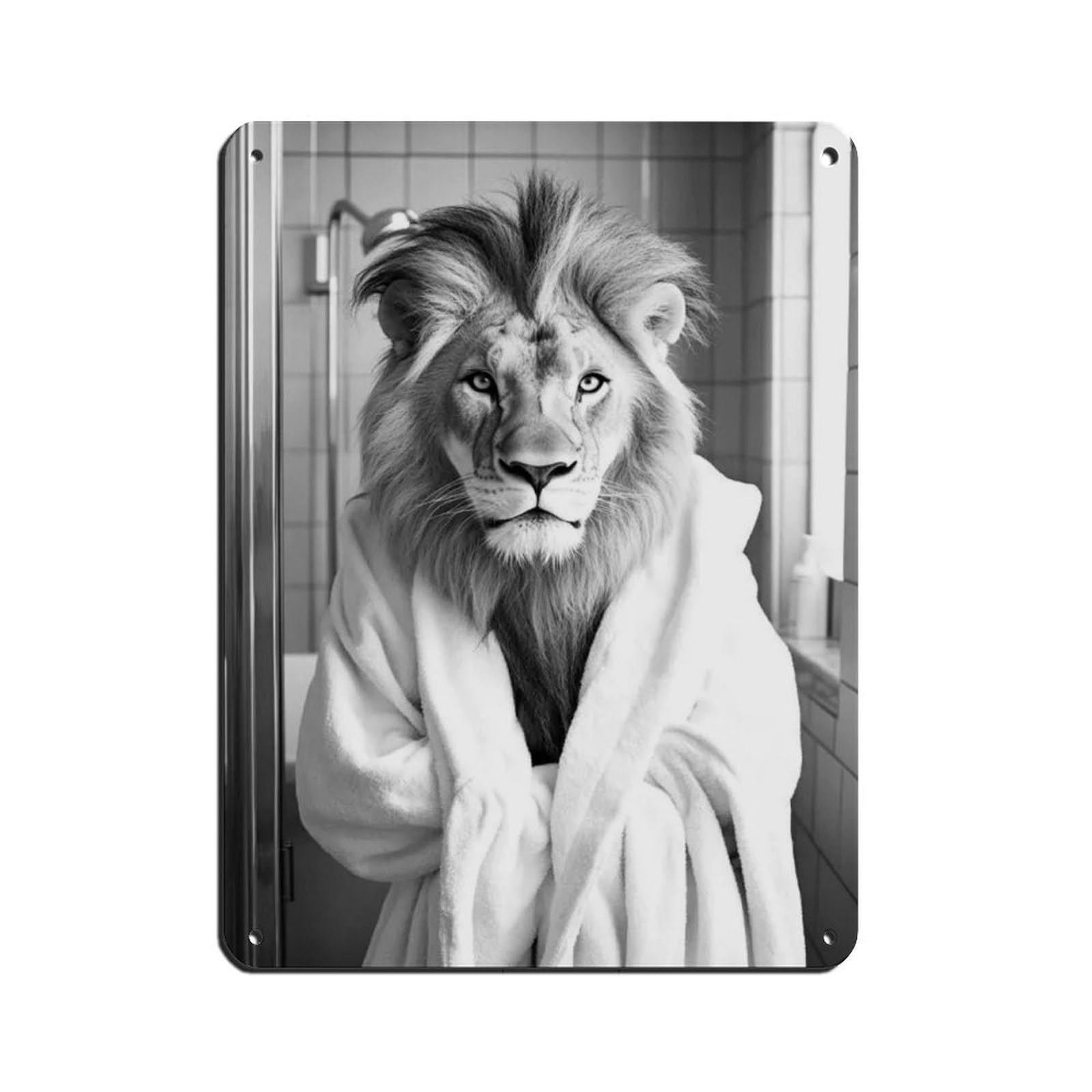 Lion in A Bathrobe, Funny Bathroom Art Tin Sign Vintage Metal Pub Club Cafe Bar Home Wall Art Decoration Poster Retro 12x16inch(30x40cm)