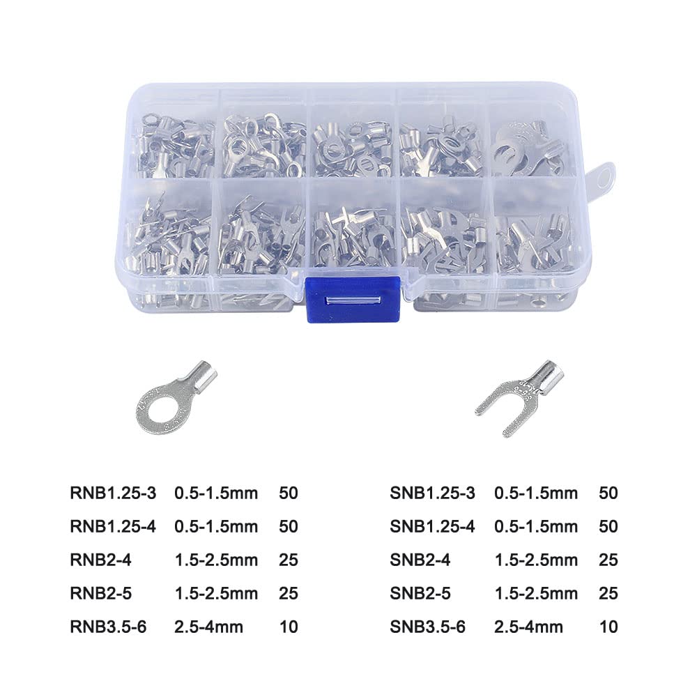 320 Pcs 10 Model Crimp Terminal+Pliers 0.5-4mm Non-Insulated Ring Fork U-Type Brass Assortment Cable Wire Connector Spade Boxed - (Color: 320pcs with Pliers)