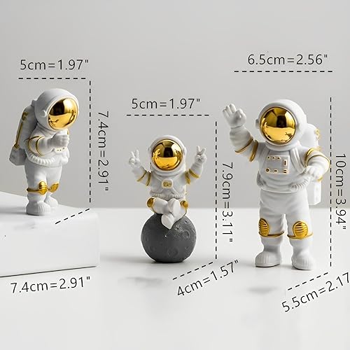 Miniatura 9 de Juego de 3 estatuas de astronauta blancas plateadas, figuras de escultura de astronauta, adornos para el hogar, decoración de tartas